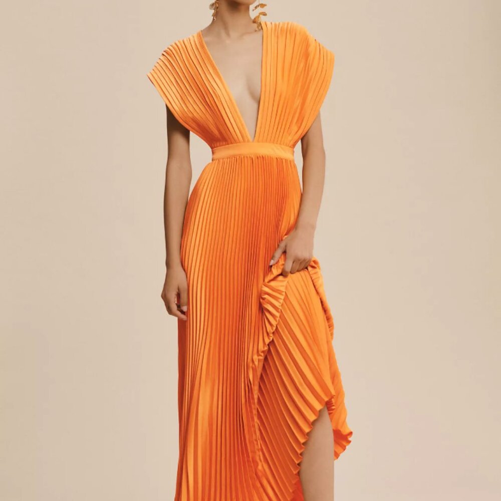 L'IDEE Gala Deep-V Pleated A-Line Maxi Dress